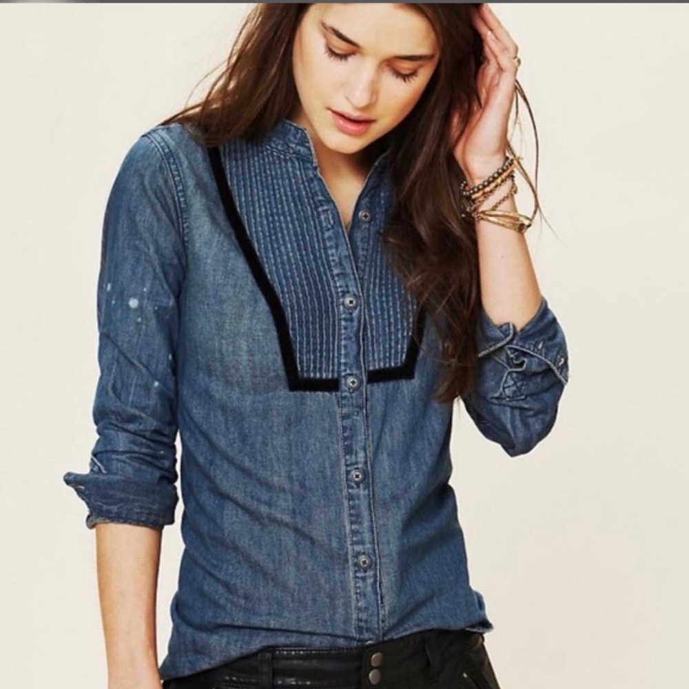 Free People Tuxedo Velvet Denim Tunic Shirt